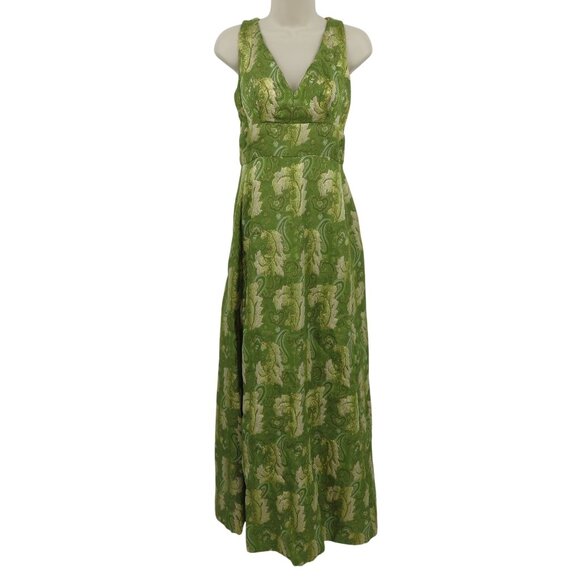 VTG Handmade Green Metallic Gold Brocade Paisley Scroll V Neck Sleeveless Dress